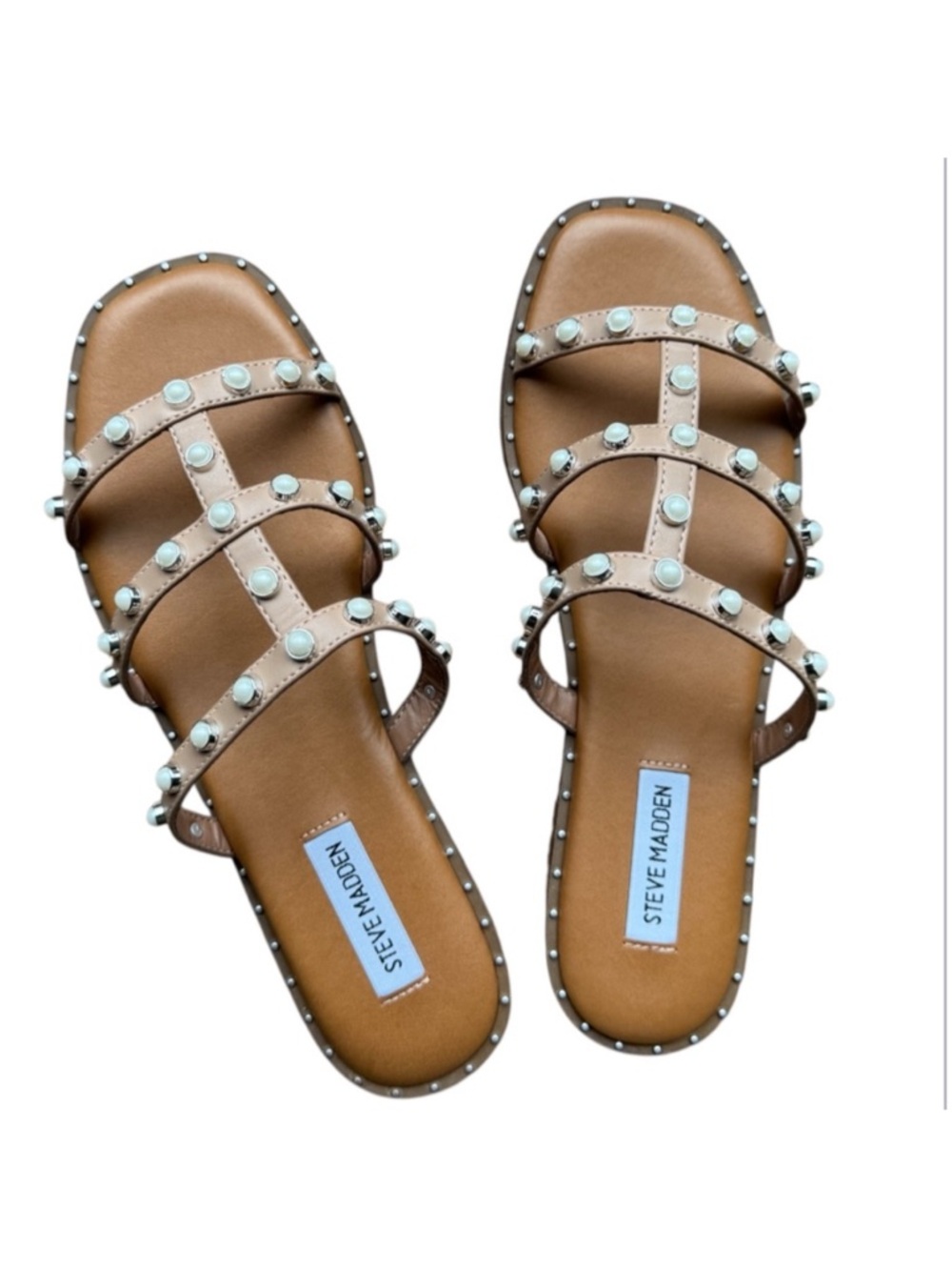 Steve Madden Tan Pearl Studded Sandals